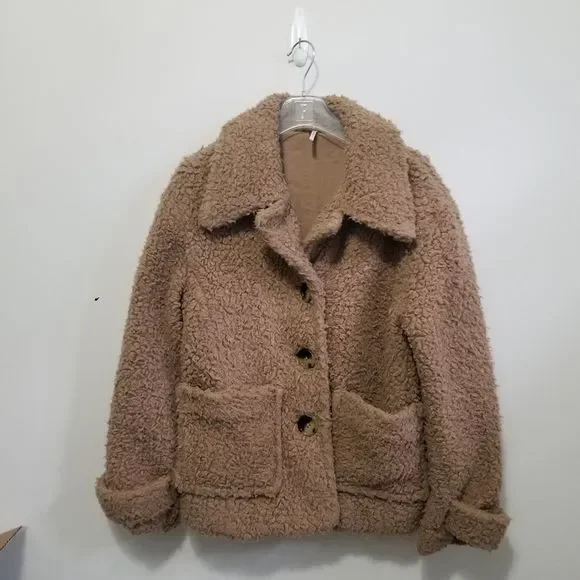 *SOLD* Free People  jacket Brown Tan So Soft Cozy Peacoat Teddy Sherpa Button s… - Picture 2 of 4